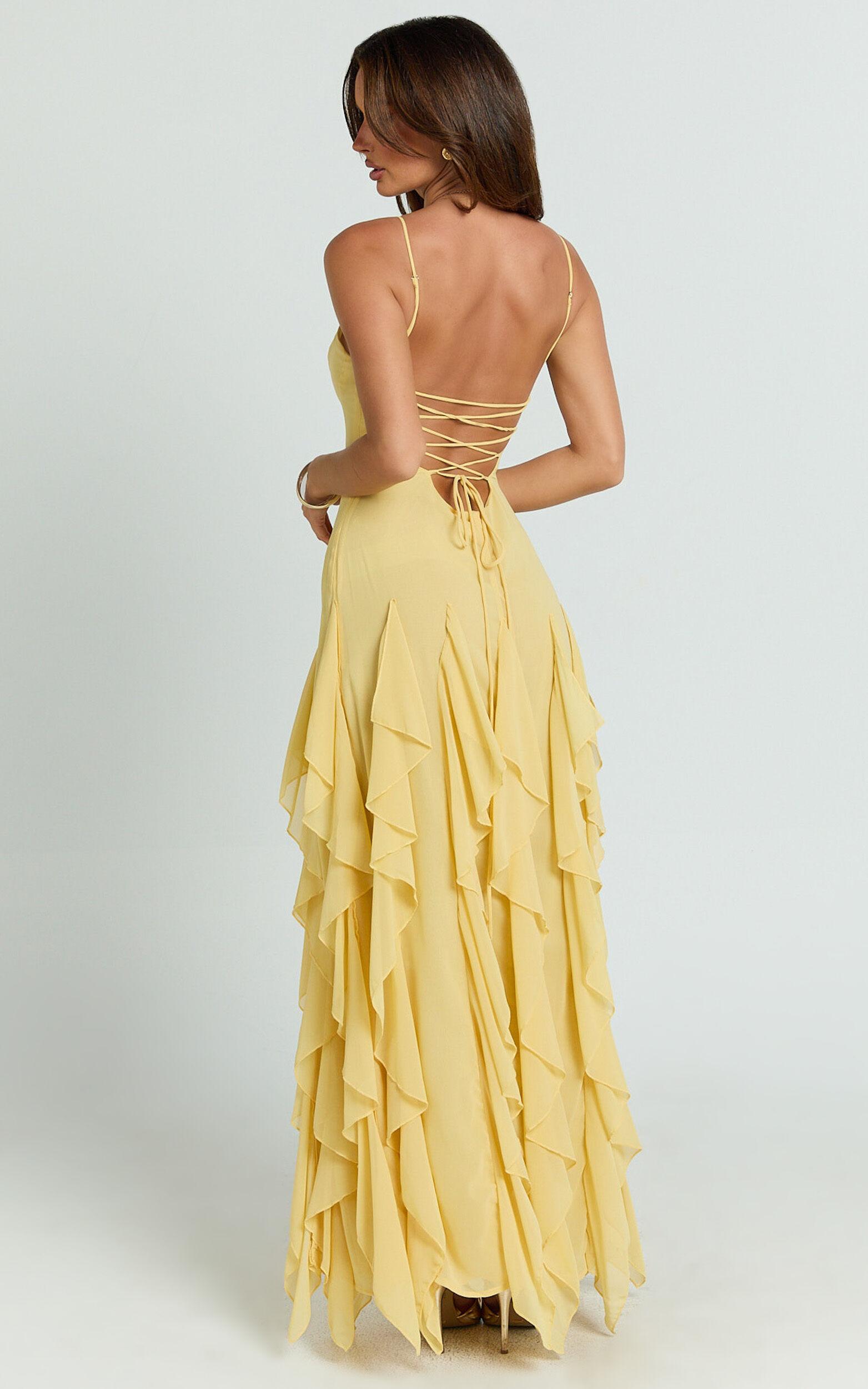 Maeve Maxi Dress - V Neck Ruffle Tier Slip Dress in Lemon Product Image