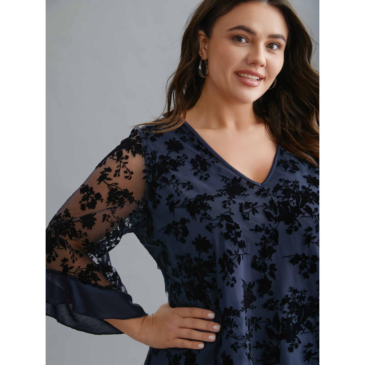 Plus Size Indigo Floral Flocking Mesh Asymmetrical Hem Blouse Women Timeless Three Quarter Length Sleeve V-neck Elegant Blouses BloomChic 10/M Product Image