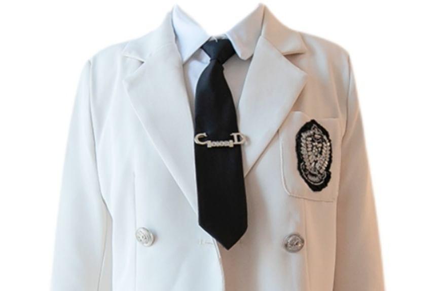 Plain Shirt / High Waist Pleated Mini A-Line Skirt / Embroidered Cropped Double-Breasted Blazer / Set Product Image