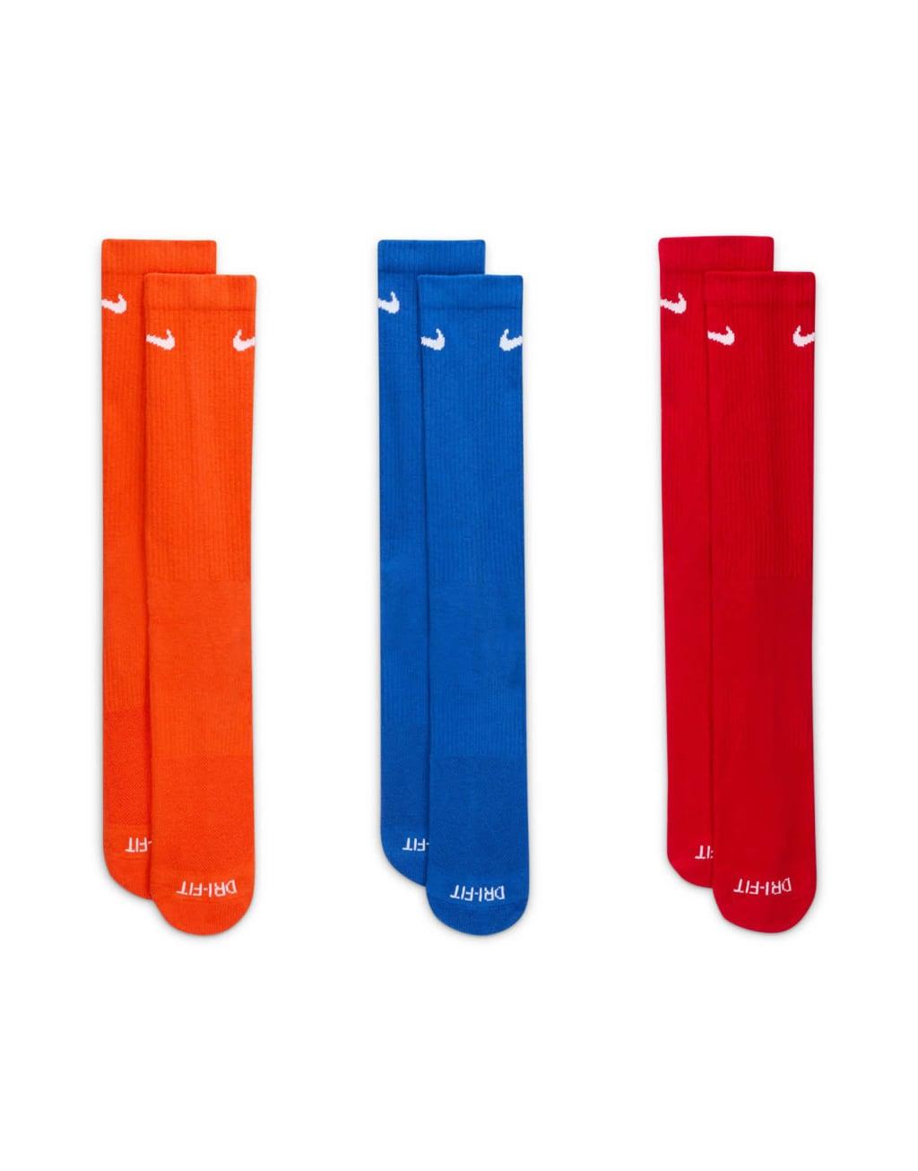 Nike Training Everyday Plus Cushioned 3 pack crew sock in orange, blue and red Product Image