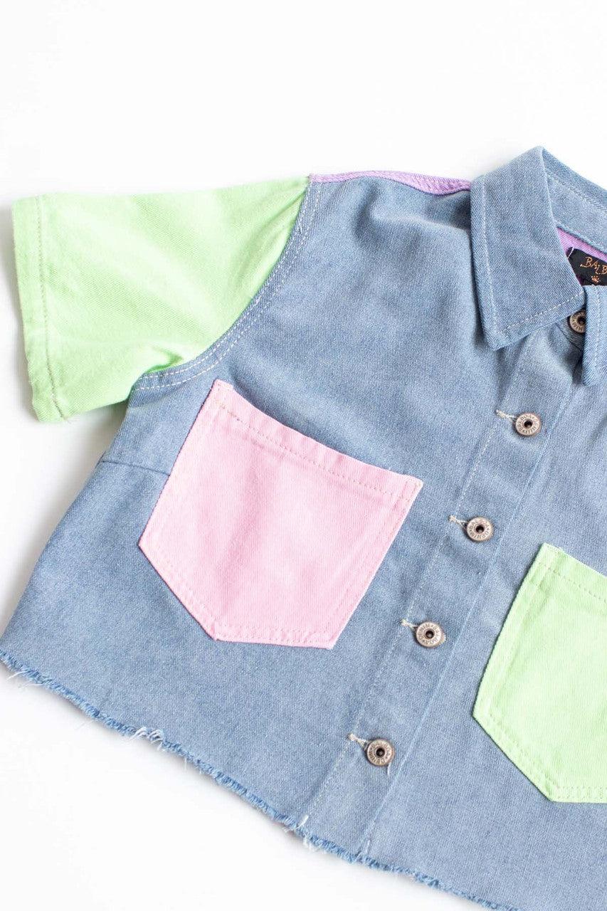 Light Wash Color Block Cropped Denim Shacket Product Image