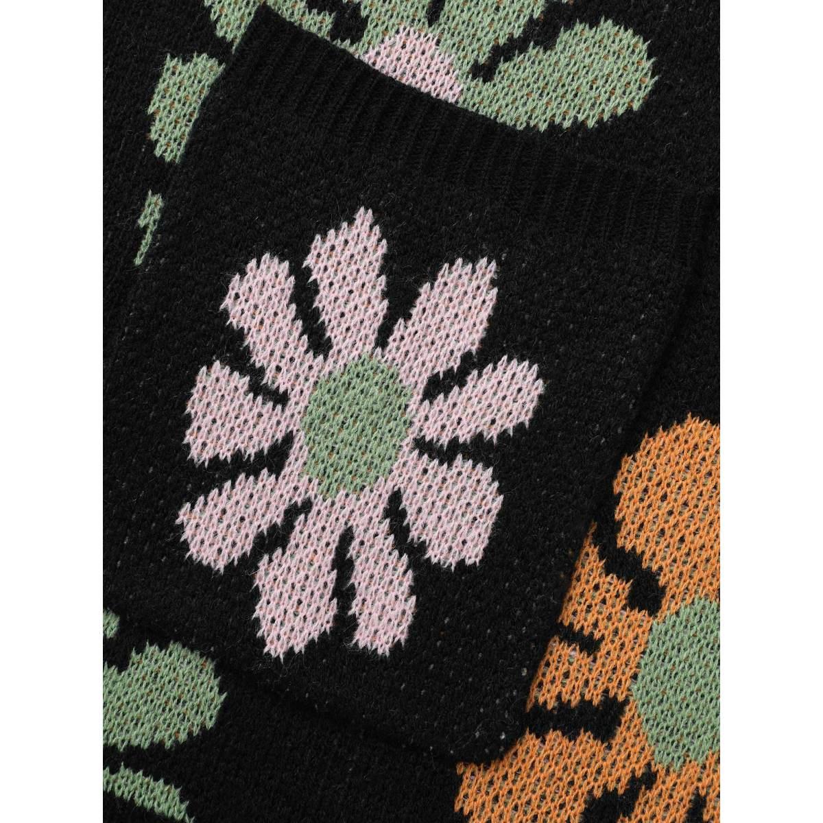 Plus Size Contrast Floral Patch Pocket Cardigan Black Women Casual Loose Long Sleeve Everyday Cardigans BloomChic 30/6X Product Image