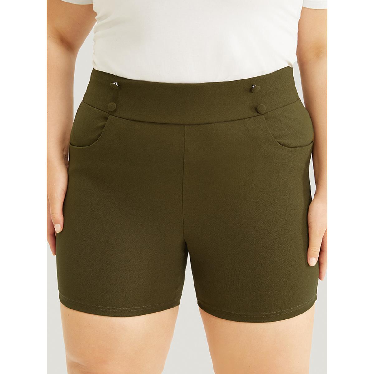 Plus Size Solid Elastic Waist Button Detail Pocket Shorts Women ArmyGreen Elegant High stretch Bodycon Mid Rise Dailywear Leggings BloomChic 22-24/3X Product Image