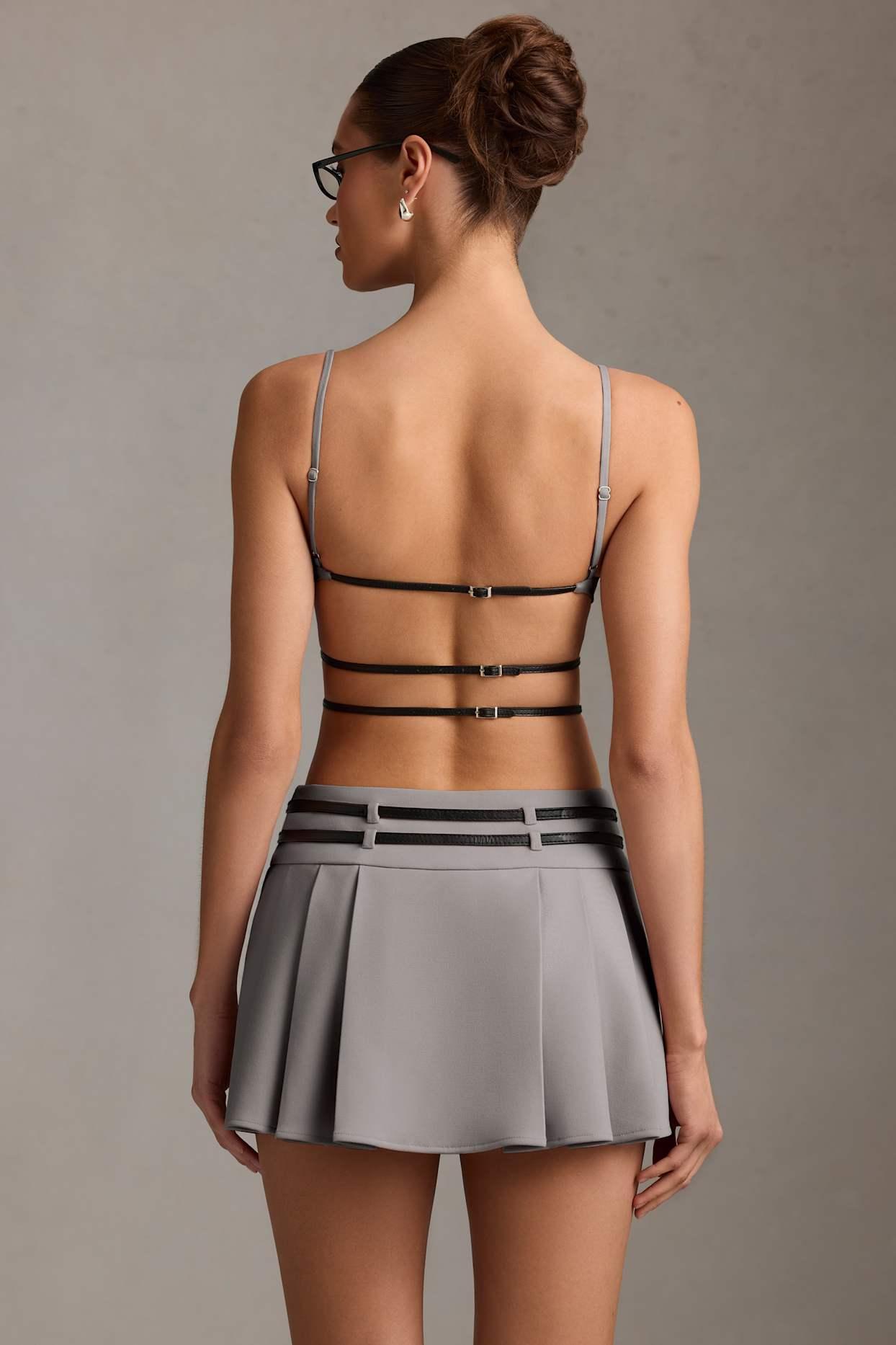 Belted Backless Pleated Mini Dress in Grey Product Image