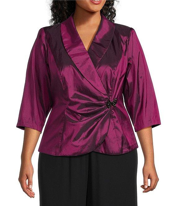 Alex Evenings Plus Size 3/4 Sleeve Collared V-Neck Taffeta Blouse Product Image