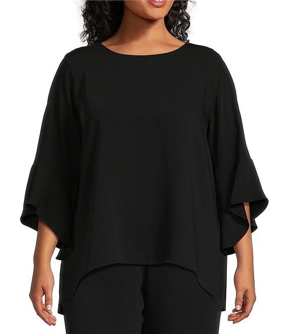 Caroline Rose Plus Size Julia Matte Crepe Round Neck 3/4 Ruffled Sleeve High-Low Hem Top Product Image