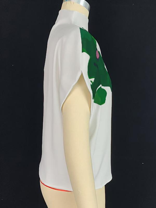 Loose Sleeveless Asymmetric Flower Print Mock Neck Vest Top Product Image