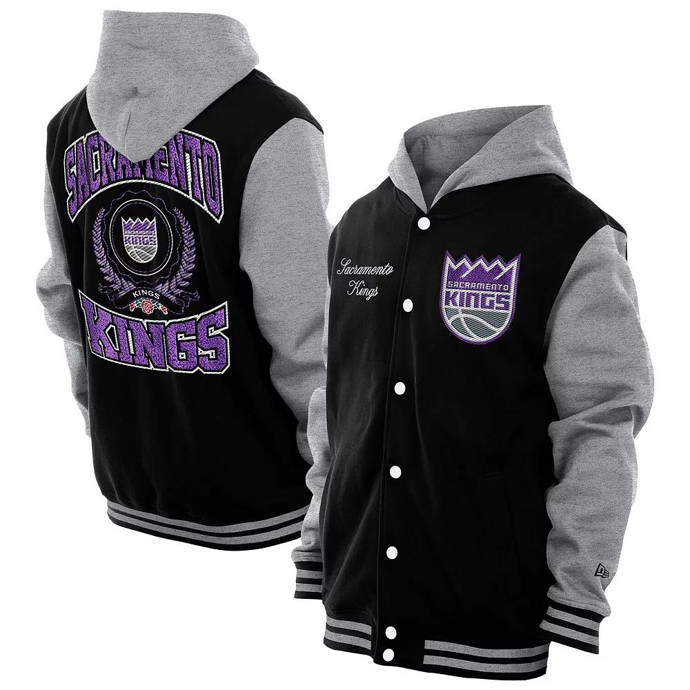 Men's New Era Black Sacramento Kings Throwback Prep Chenille Full-Snap Hooded Varsity Jacket,  Product Image