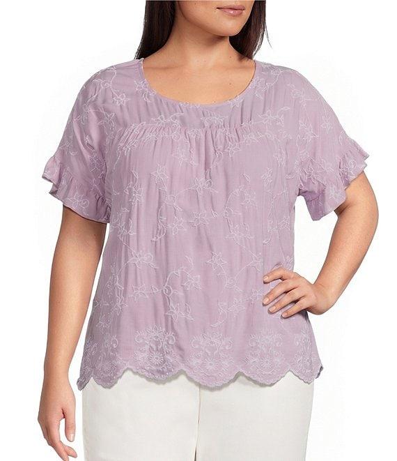 Leo & Nicole Plus Size Allover Embroidered Crew Neck Short Ruffle Scalloped Hem Top Product Image