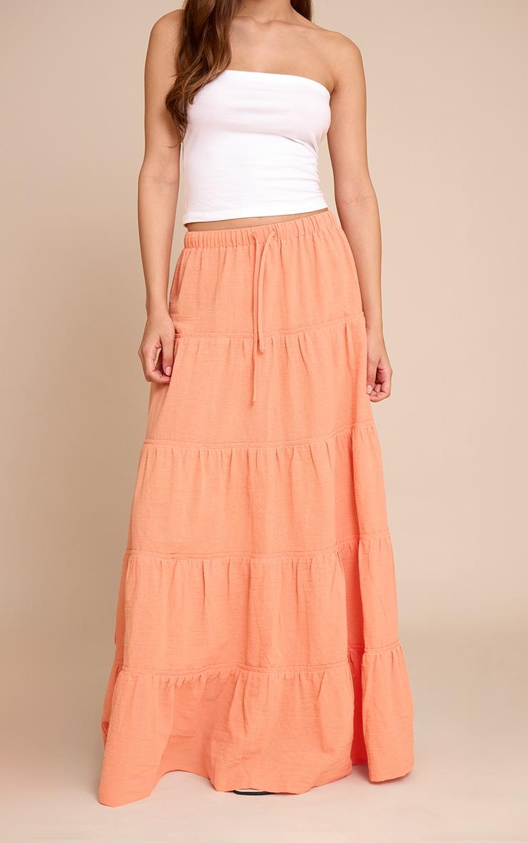 Peach Cotton Tiered Drawstring Waist Maxi Skirt Product Image