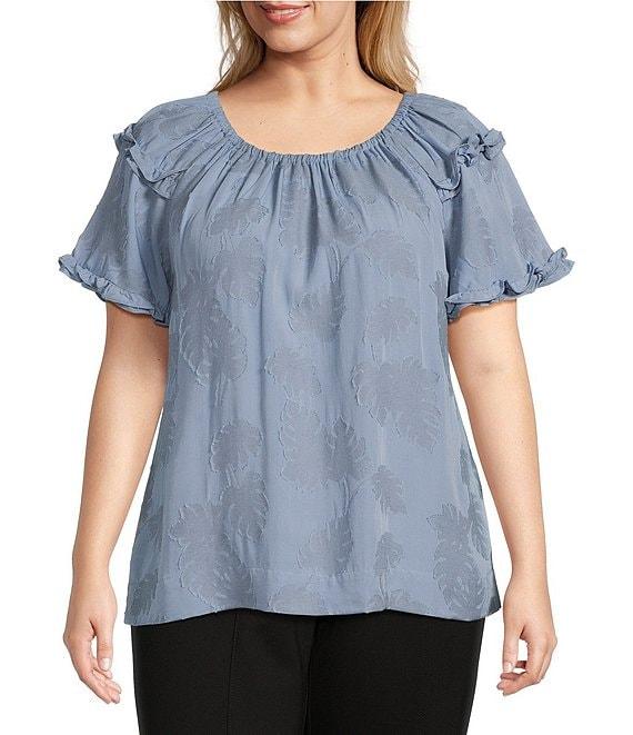 Slim Factor By Investments Plus Size Heidi Palm Jacquard Elastic Crew Neckline Short Sleeve Top Product Image
