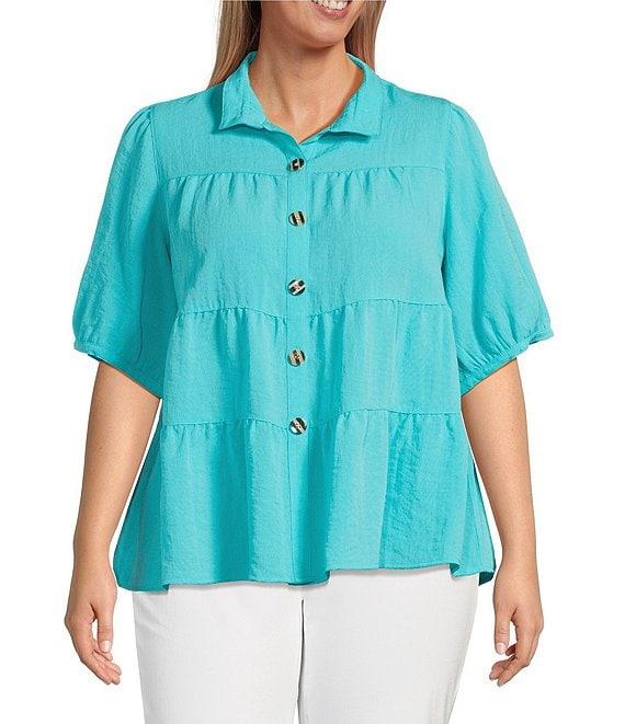 John Mark Plus Size Wire Collar Short Sleeve Tiered Button Front Top Product Image