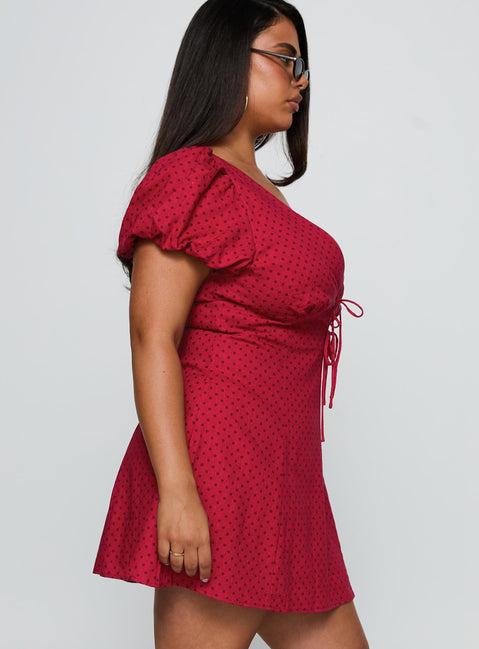 Beloved Puff Sleeve Linen Blend Mini Dress Red Polka Curve Product Image