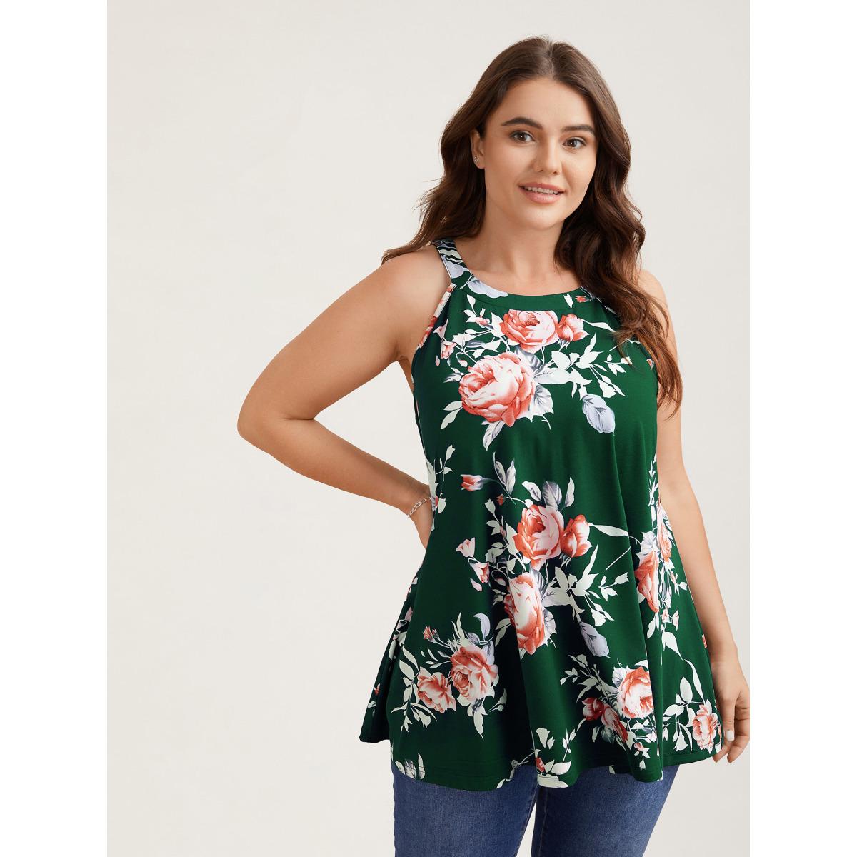 Plus Size Rosy Print Halter Neck Top Women Indigo Romantic Contrast Round Neck Elegant Tank Tops Camis BloomChic 30/6X Product Image
