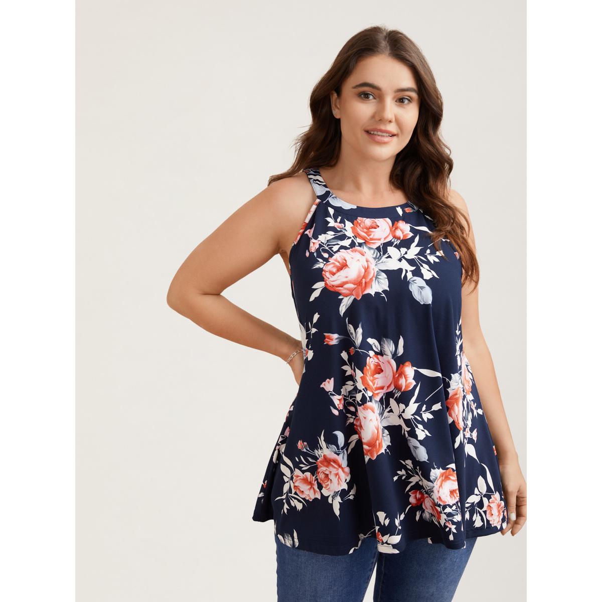 Plus Size Rosy Print Halter Neck Top Women Indigo Romantic Contrast Round Neck Elegant Tank Tops Camis BloomChic 30/6X Product Image