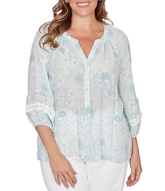 Ruby Rd. Plus Size Silky Gauze Floral Split V-Neck 3/4 Sleeve Button-Front Blouse Product Image