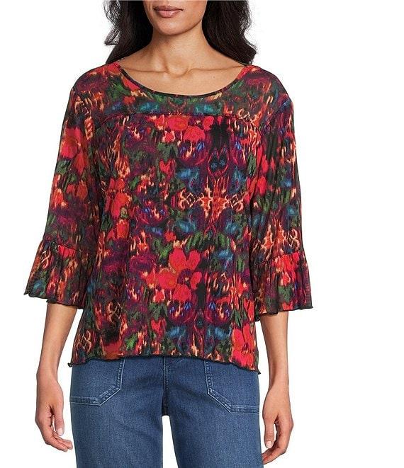 Intro Soft Mesh Floral Print 3/4 Romantic Sleeve Top Product Image