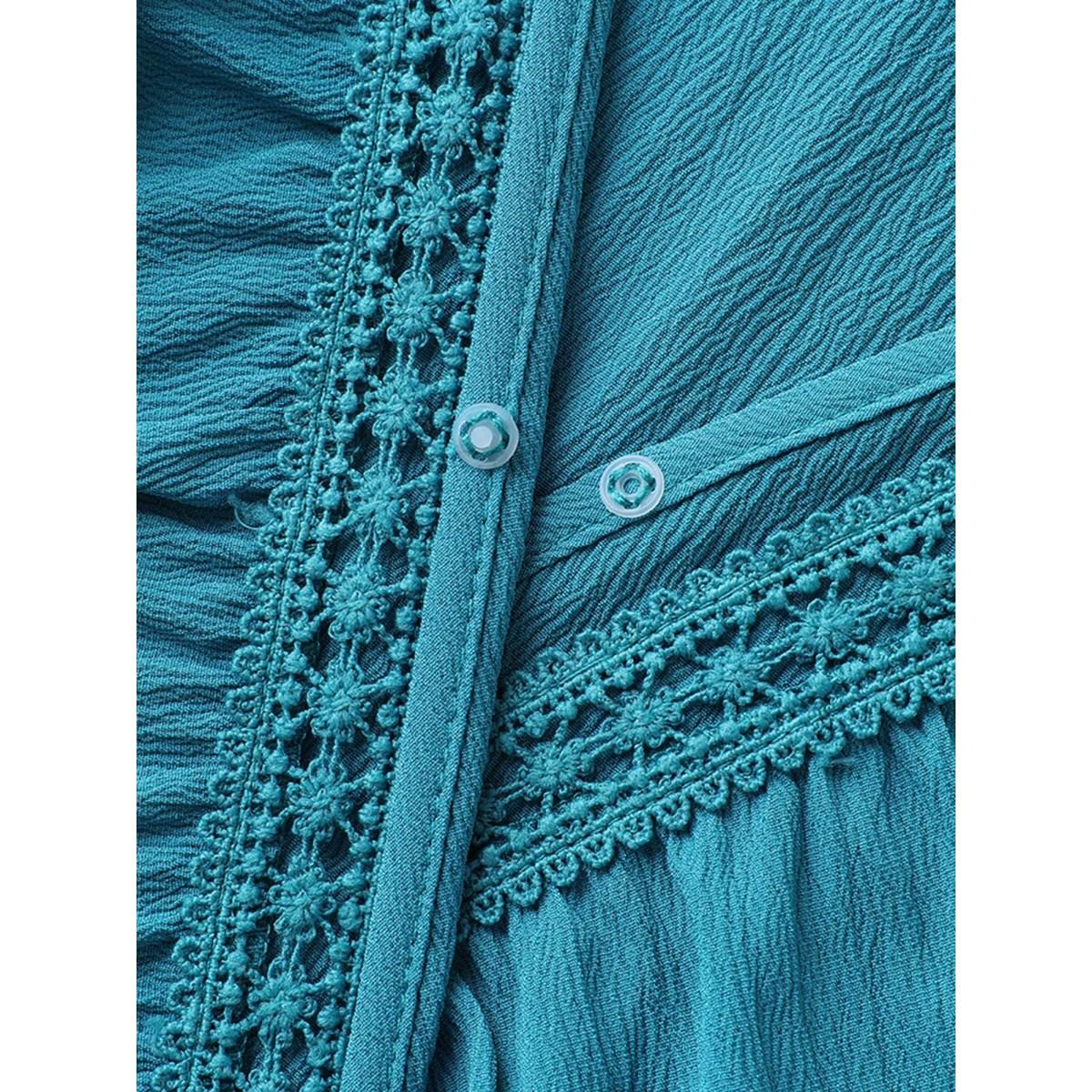 Plus Size Ruffled Lace Trim Pockets Plain Midi Dress Cerulean Women Overlap Collar Short sleeve Curvy BloomChic 26/4X Product Image