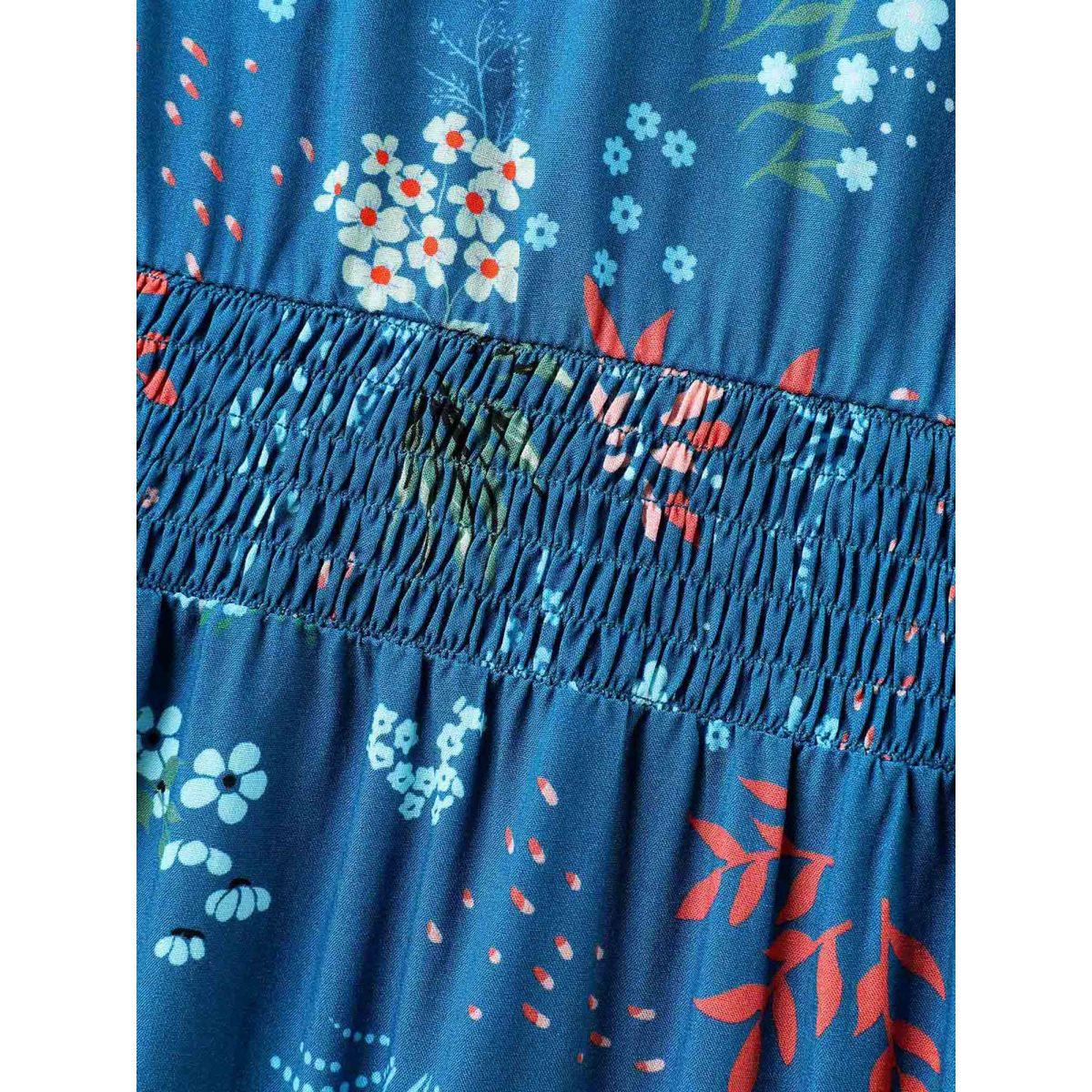 Plus Size Rayon Playful Floral Shirred Midi Dress Mediumblue Women Timeless Notched collar Short sleeve Curvy BloomChic 30/6X Product Image