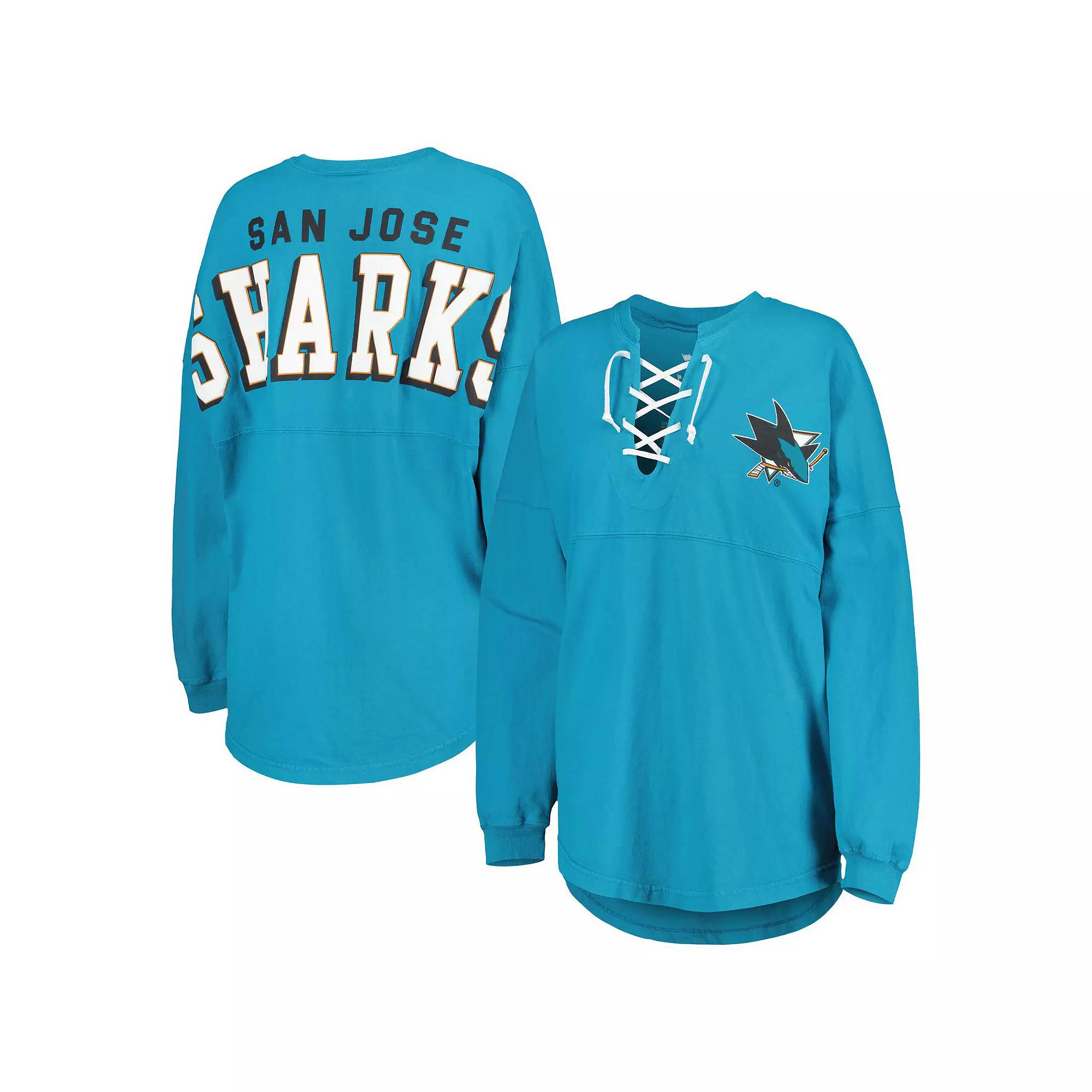Women's Fanatics Branded Teal San Jose Sharks Spirit Lace-Up V-Neck Long Sleeve Jersey T-Shirt,  Product Image