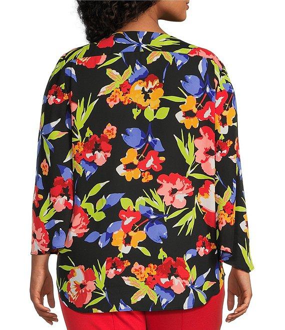 Slim Factor by Investments Plus Size Spring Bloom Print 3/4 Flare Sleeve Scoop Neck Crossover Top Product Image