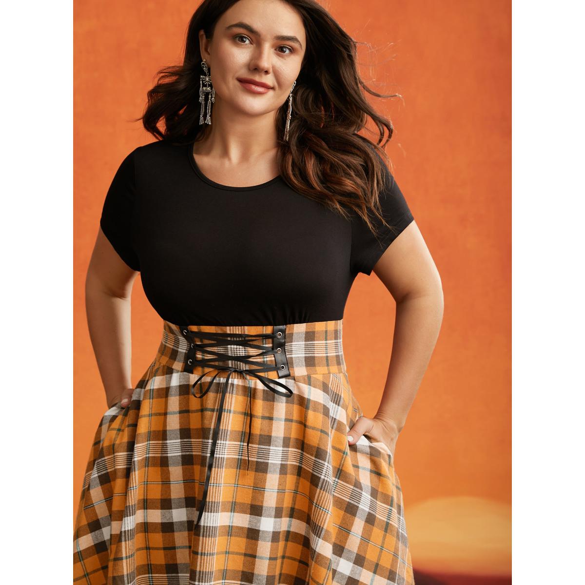 Plus Size Elastic Plaid Asymmetrical Hem Dress Brightorange Women Cocktail Wraparound straps Party Curvy Bloomchic 26/4X Product Image
