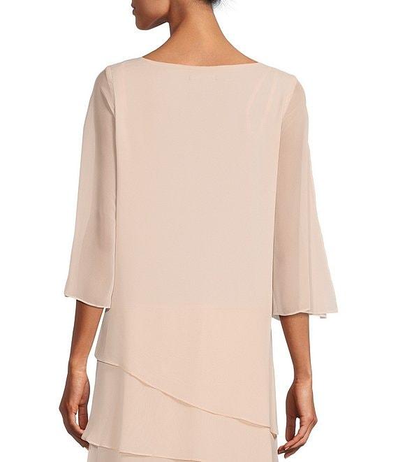 Marina Split 3/4 Sleeve Round Beaded Keyhole Neck Asymmetrical Tiered Chiffon Trapeze Dress Product Image
