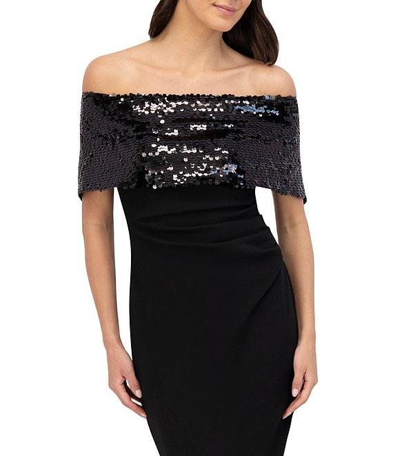 Vince Camuto Crepe Sequin Sheath Fold Over Off the Shoulder Short Sleeve Ruched Dress Product Image