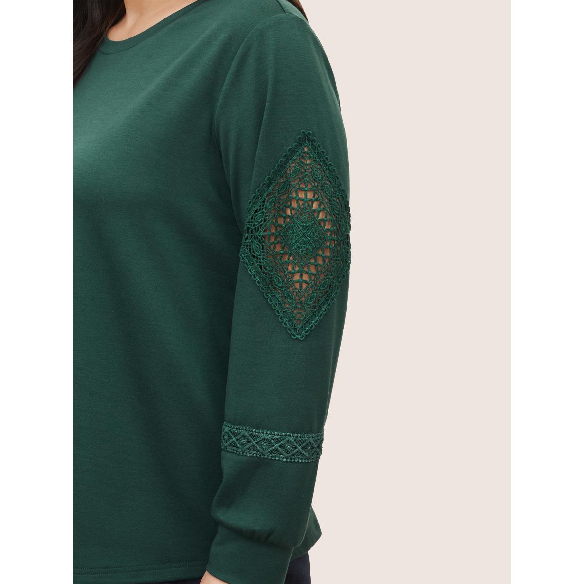 Plus Size Plain Guipure Lace Eyelet Sweatshirt Women DarkGreen Casual Cut-Out Round Neck Everyday Sweatshirts BloomChic 10/M Product Image