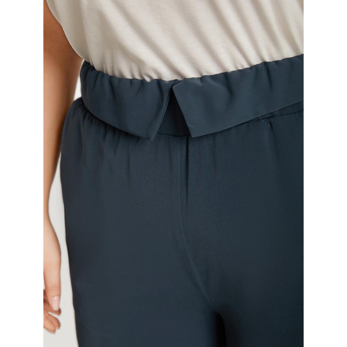 Plus Size Solid Buckle Detail Pocket Straight Leg Pants Women Indigo Elegant Straight Leg High Rise Dailywear Pants BloomChic 18-20/2X Product Image