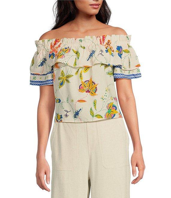 Sugarlips Linen Floral Print Off the Shoulder Short Sleeve Top Product Image