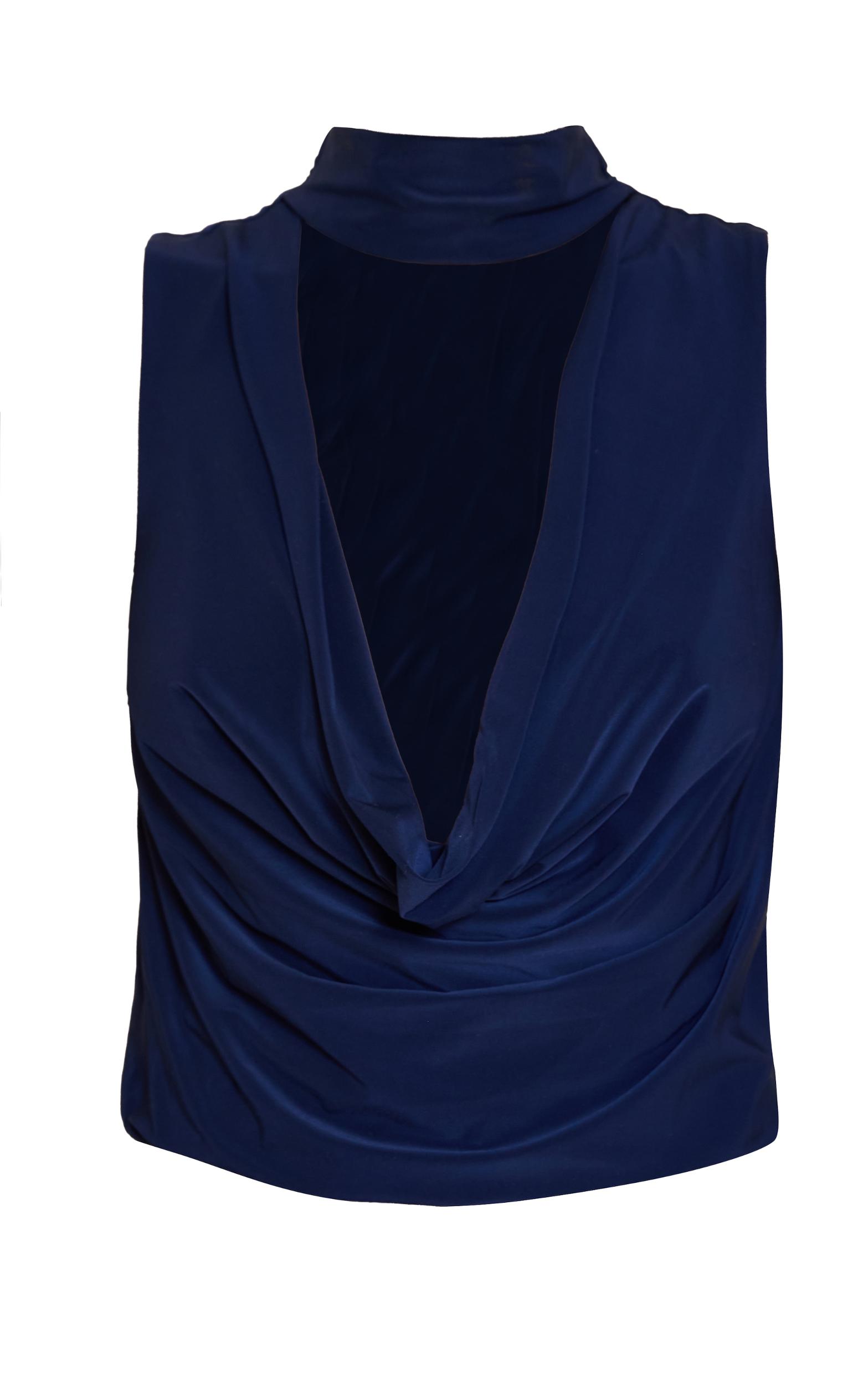 Navy Double Layer Slinky Plunge High Neck Long Top Product Image