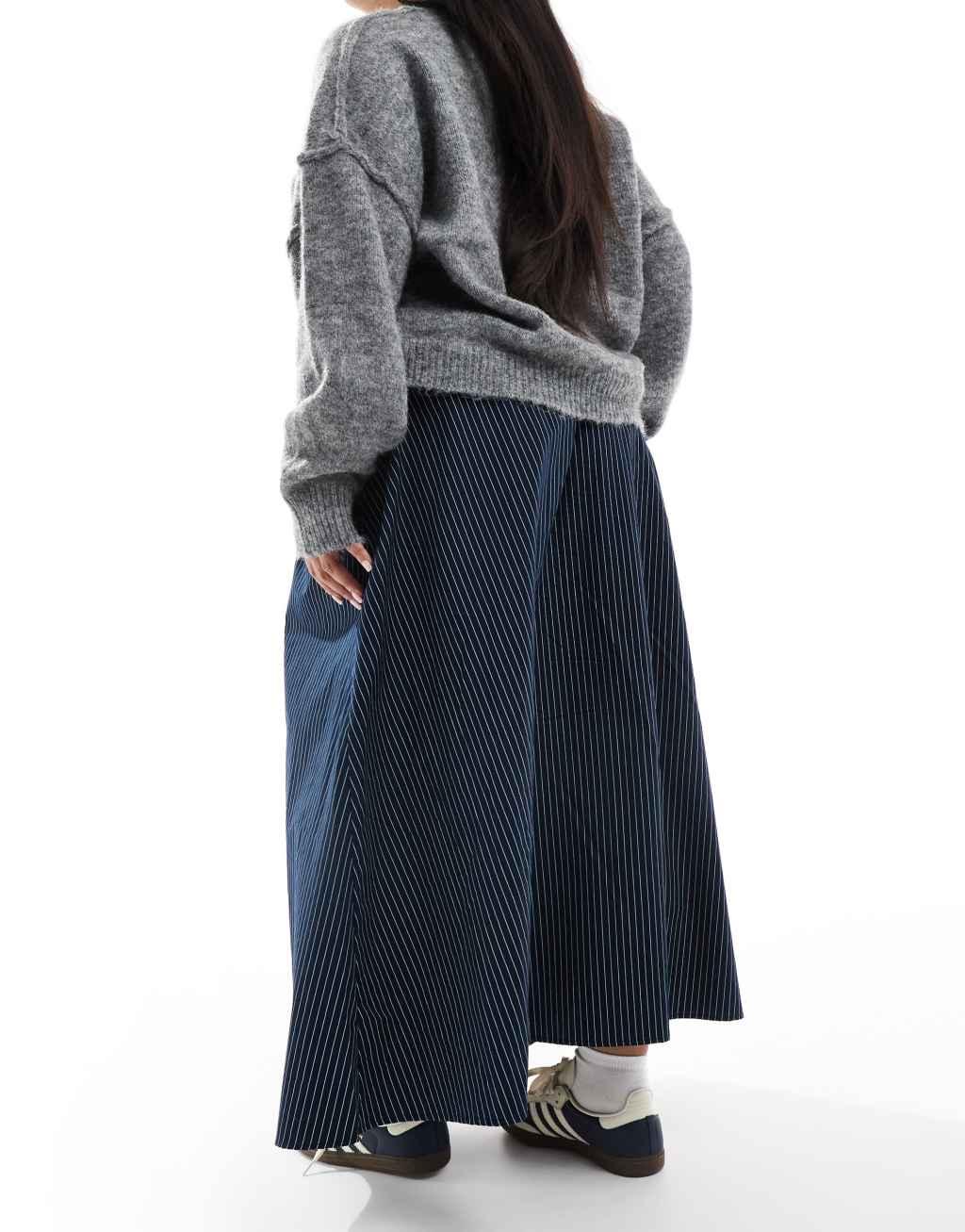 ASOS DESIGN Curve a line tie waist midi skirt in navy stripe Product Image