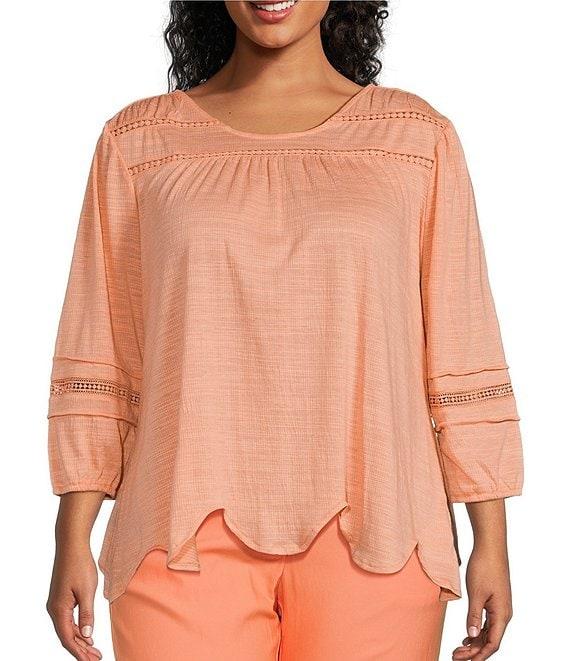 Ruby Rd. Plus Size Knit Scoop Neck 3/4 Bishop Sleeve Lace Trim Scallop Hem Top Product Image