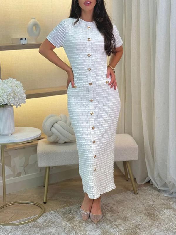 Bodycon Short Sleeves Buttoned Solid Color Split-Back Round-Neck Midi Dresses Product Image