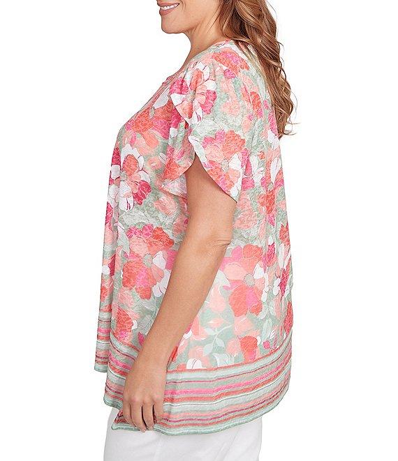 Ruby Rd. Plus Size Jersey Knit Floral Stripe Border Print Round Neck Short Sleeve Sharkbite Hem Top Product Image