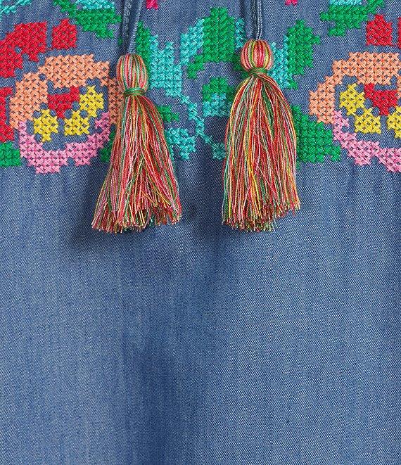 Calessa Plus Size Embroidered Border Patchwork Tassel Tie Keyhole Neck Wrist Length Sleeve Tunic Product Image