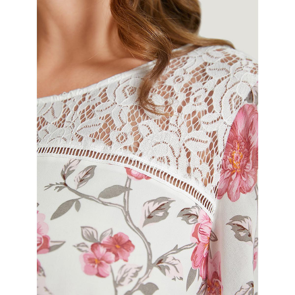 Plus Size White Floral Lace Ruffle Sleeve High Low Hem Blouse Women Elegant Short sleeve Round Neck Dailywear Blouses BloomChic 30/6X Product Image