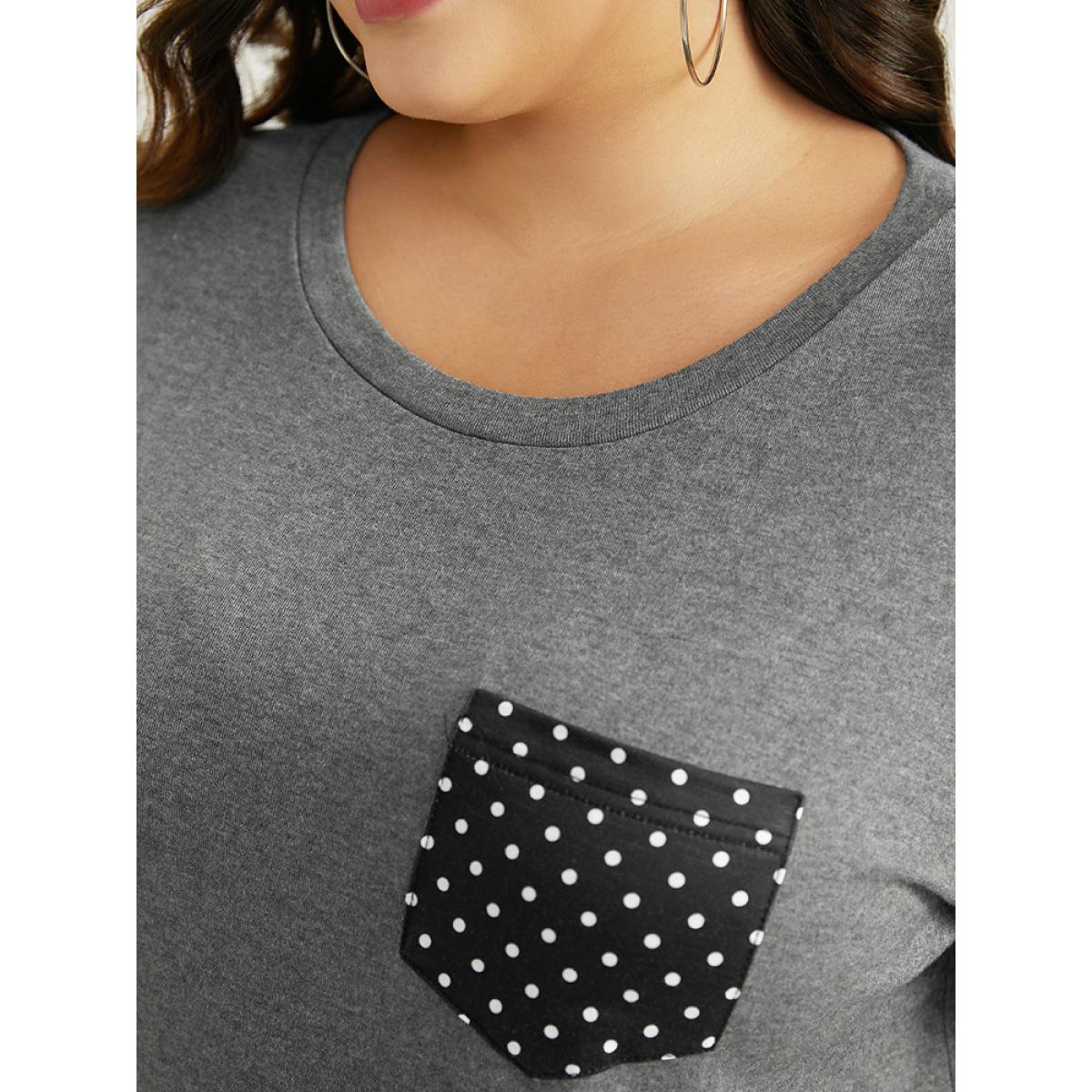Plus Size Polka Dot Patched Pocket Tab Sleeve T-shirt DimGray Women Casual Contrast Polka Dot Round Neck Dailywear T-shirts BloomChic 12/L Product Image