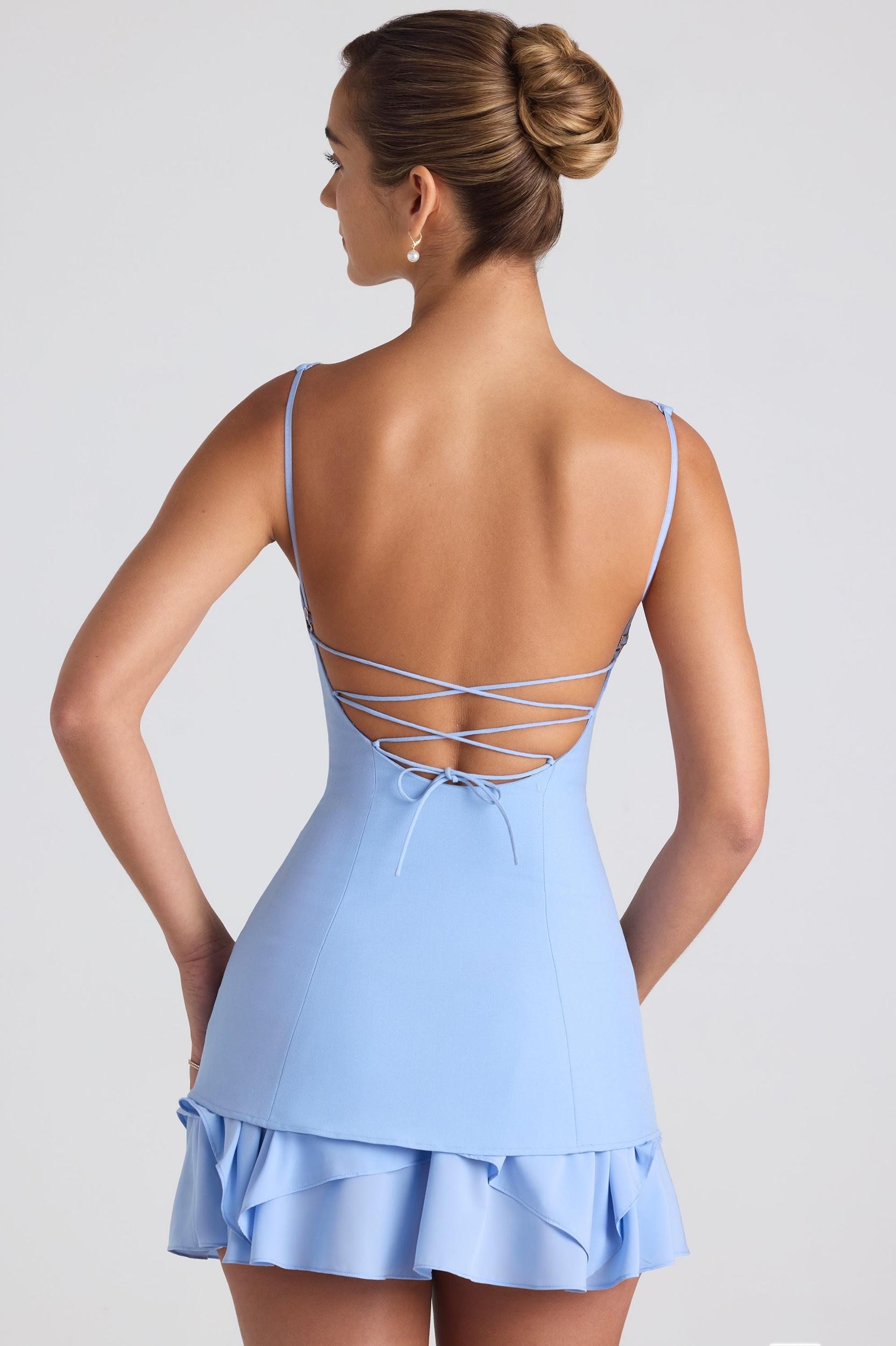 Ruffle-Trim Button-Detail Corset Mini Dress in Sky Blue Product Image