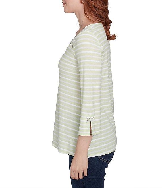 Ruby Rd. Ribbon Stripe Print Knit Square Button Trim Detail Neck 3/4 Bell Sleeve Top Product Image
