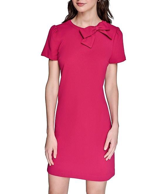 KARL LAGERFELD PARIS Scuba Crepe Crew Neck Puff Sleeves Bow Sheath Dress Product Image