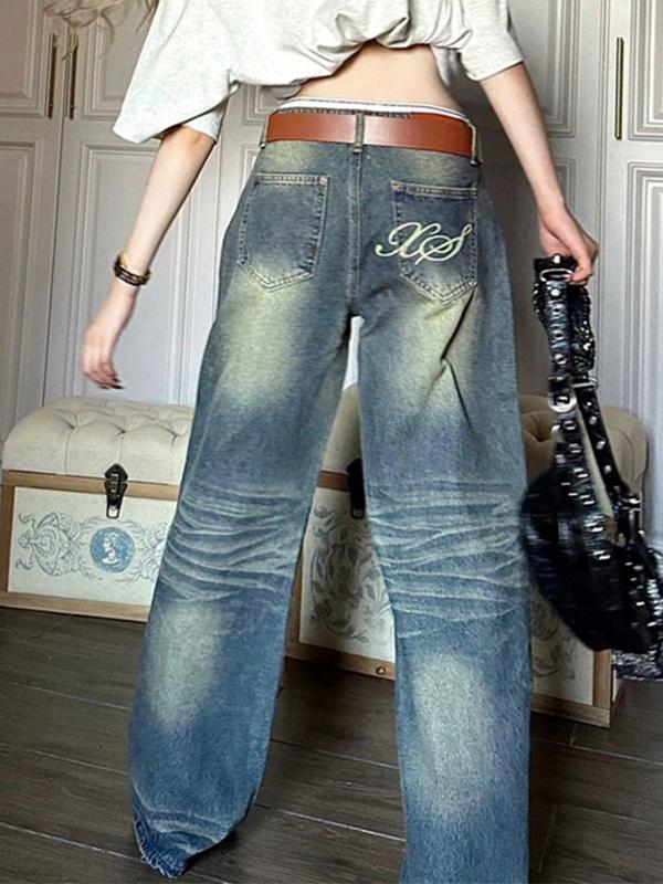 Vintage Wash Embroidery Boyfriend Jeans Product Image