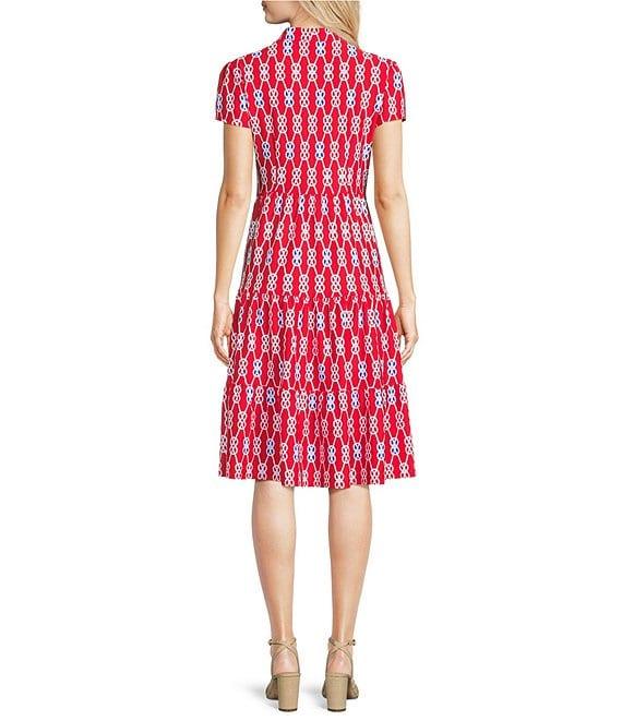 Jude Connally Libby Everyday Sailors Knot Print Jude Cloth Stretch Knit V-Neck Short Puff Sleeve A-Line Tiered Midi Dress Product Image