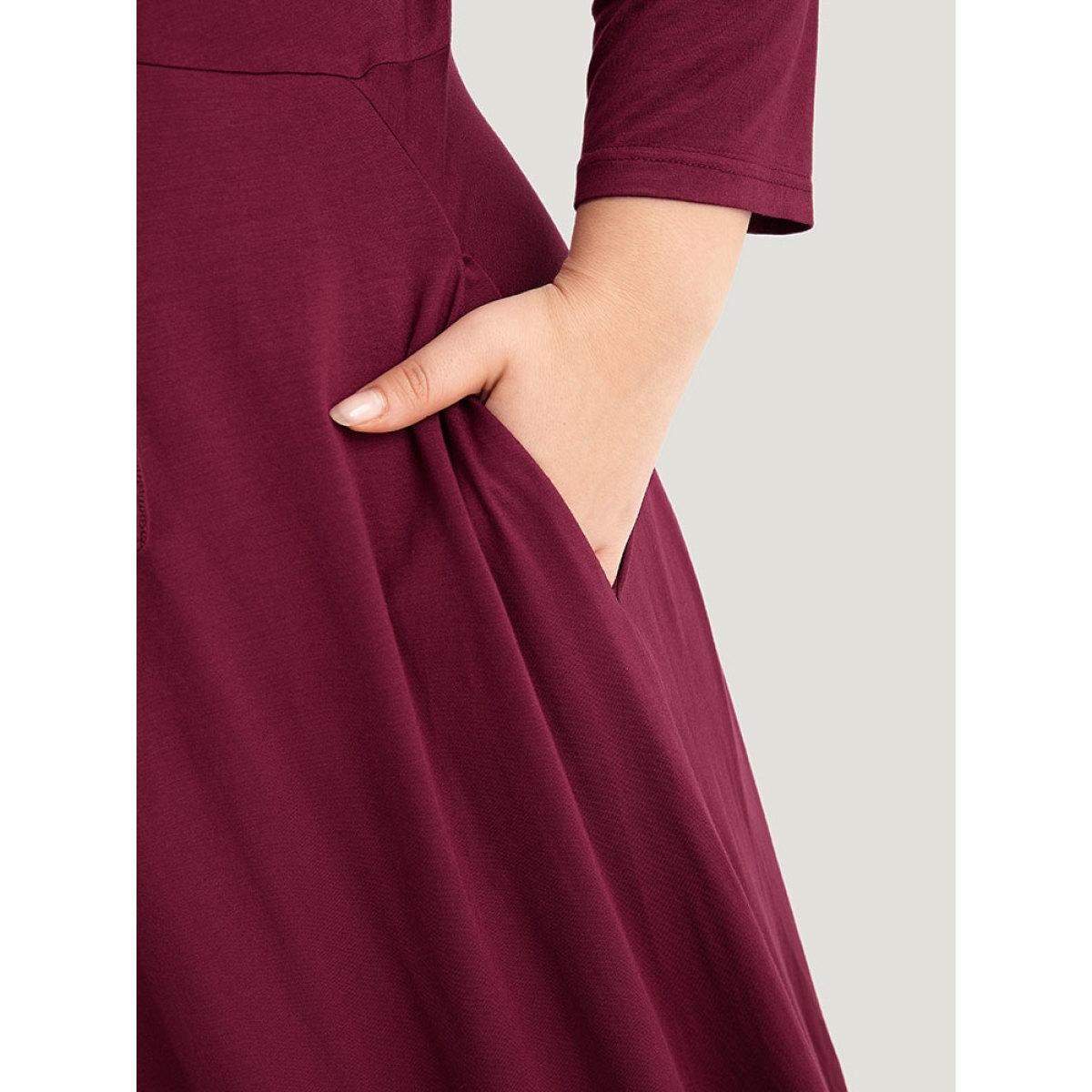 Plus Size Supersoft Essentials Solid Lace Up Ruffle Hem Dress Burgundy Women Casual Plain Tie Neck Elbow-length sleeve Curvy Midi Dress BloomChic 30/6X Product Image