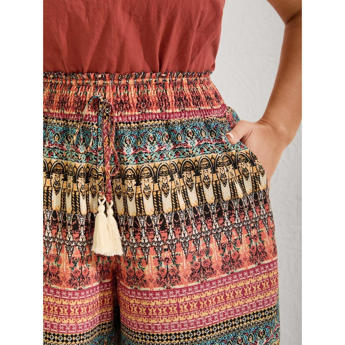 Plus Size Boho Stripes Wide-Leg Shirred Pants Women Multicolor Beach Wide Leg Mid Rise Vacation Pants BloomChic 26/4X Product Image