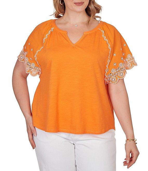 Ruby Rd. Plus Size Slub Knit Split V-Neck Short Embroidered Sleeve Top Product Image