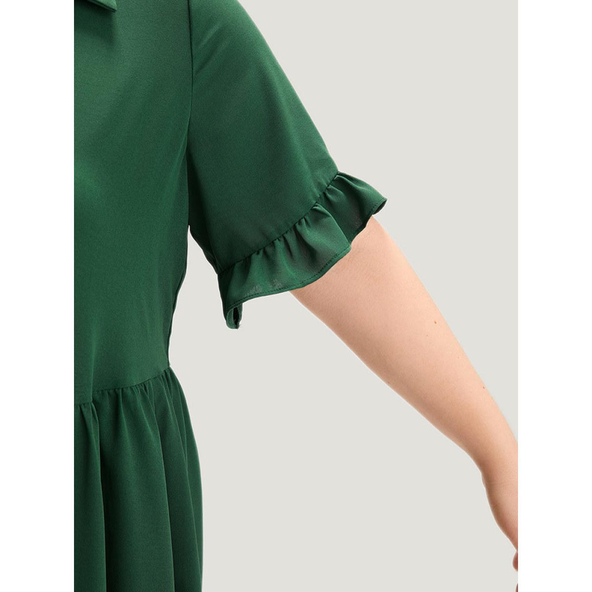 Plus Size Plain Ruffles Pocket Button Up Pleated Frill Trim Dress Emerald Women Casual Plain Lapel Collar Short sleeve Curvy Midi Dress BloomChic 28/5X Product Image