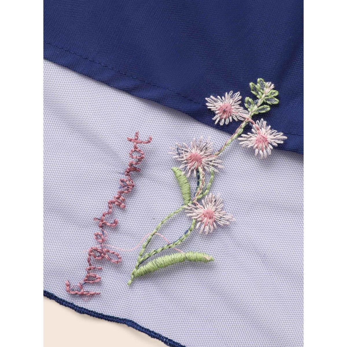 Plus Size Floral Embroidered Mesh Patchwork Lantern Sleeve Dress Indigo Women Formal Texture V-neck Elbow-length sleeve Curvy BloomChic 14-16/1X Product Image