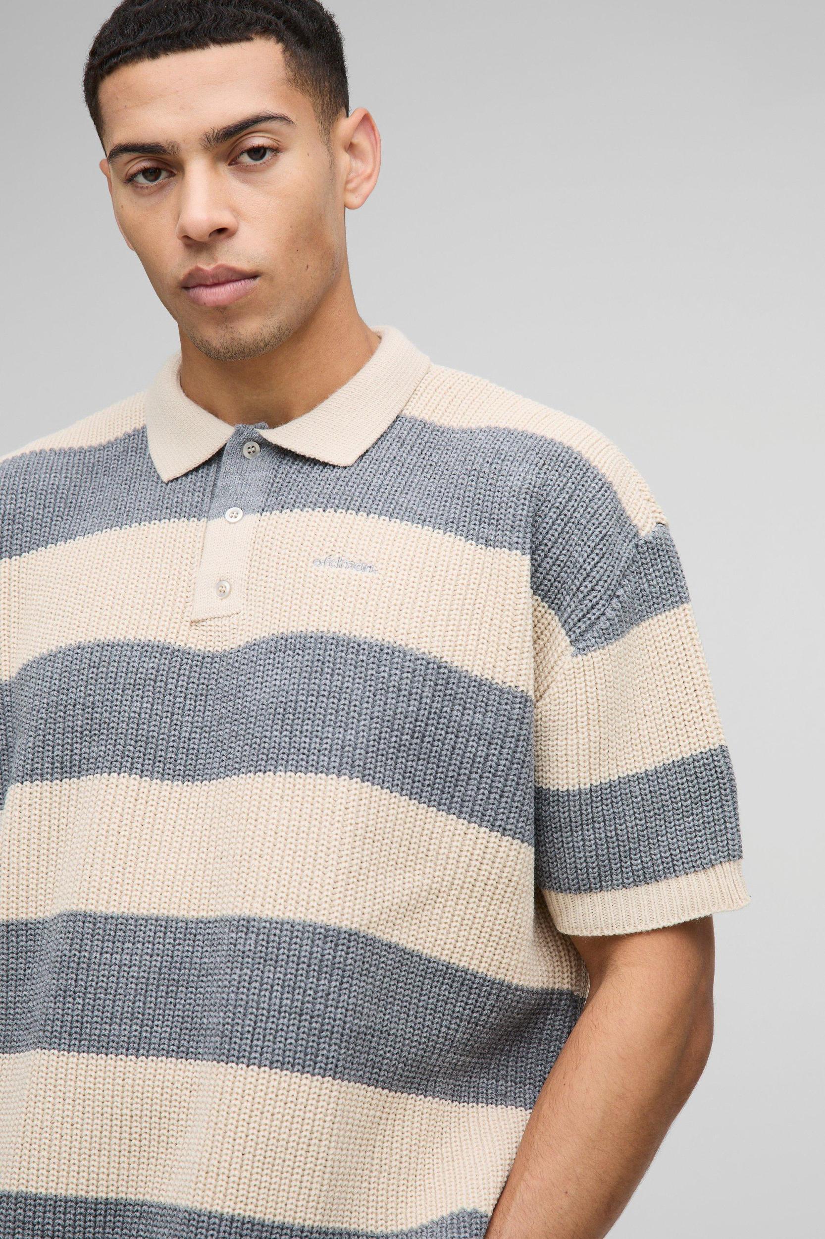Oversized Embroidered Striped Short Sleeve Knitted Polo | boohooMAN USA Product Image
